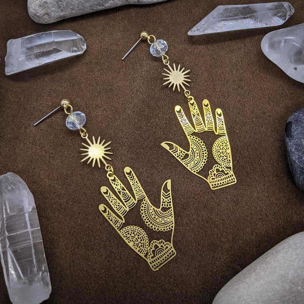 Henna // Henna Hand Earrings, Brass Earrings, Hippie Earrings, Gold Boho Jewelry, Bohemian Gift, Hand of Fatima, Hamsa Hand, Gift for Women