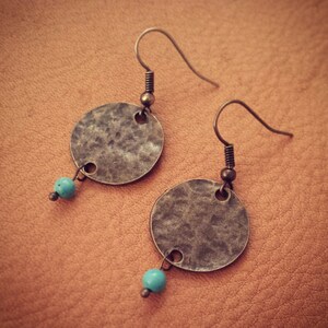 Western Tribe // Turquoise Earrings, Hammered Metal, Boho Earrings, Geometric, Southwestern, Bronze Earrings, Cute Earrings, Simple Earrings