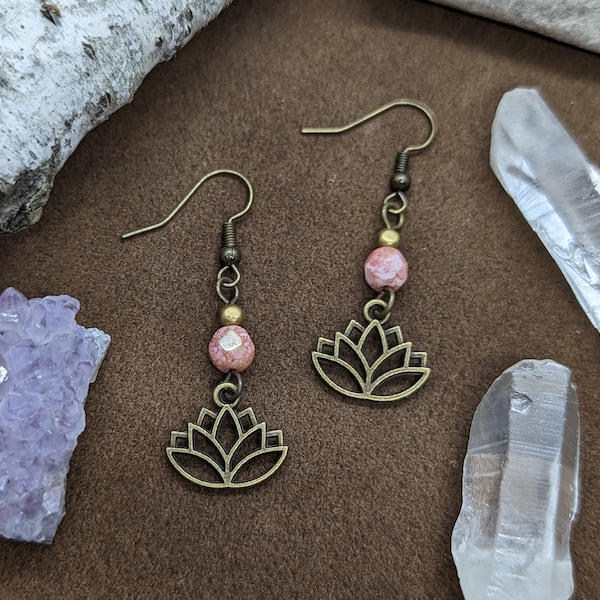 Sacred // Lotus Flower Earrings, Bohemian Earrings, Hippie Earrings, Floral Earrings, Bronze Lotus Jewelry, Pink Lotus Earrings