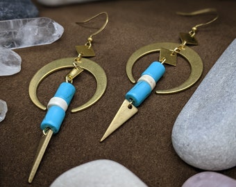 Harlow // Brass Earrings // Gold Earrings // Boho // Turquoise // Geometric // Dangle // Spike Earrings // Crescent Moon Earrings