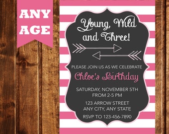 Young Wild and Three Invitations, Young Wild and Three Birthday, Young Wild and Three Party, Third Birthday Invitation, Printable Invitation