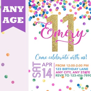 Eleventh Birthday Invitation, Pink Gold Confetti, Girl 11th Birthday Invite, Confetti Birthday, Any Age, Printable, Girl Birthday Invitation