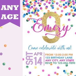 Ninth Birthday Invitation, Pink Gold Confetti, Girl 9th Birthday Invite, Confetti Birthday, Any Age, Printable, Girl Birthday Invitation