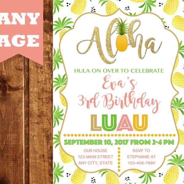 Aloha Invitation, Pineapple Invitation, Luau Invitation, Hawaiian Birthday Invitation, Luau Birthday Invitation, Luau, Aloha, Girl Invite