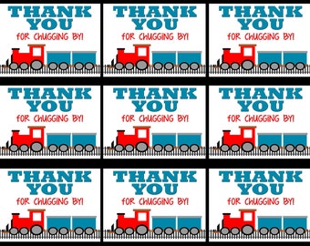 May include: Nine printable thank you tags featuring a red toy train with blue boxcars and the text "Thank You for chugging by!"
