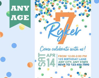 Seventh Birthday Invitation, Blue Confetti, Boy 7th Birthday Invite, Confetti Birthday, Any Age, Printable, Boy Birthday Invitation, Printed