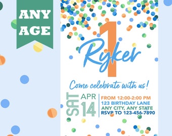 First Birthday Invitation, Blue Confetti, Boy 1st Birthday Invite, Confetti Birthday, Any Age, Printable, Boy Birthday Invitation, Printable