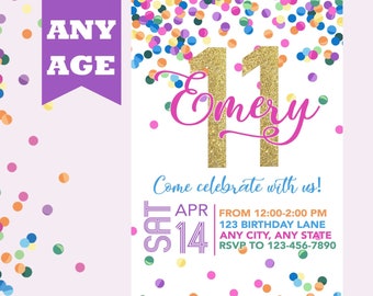Eleventh Birthday Invitation, Pink Gold Confetti, Girl 11th Birthday Invite, Confetti Birthday, Any Age, Printable, Girl Birthday Invitation