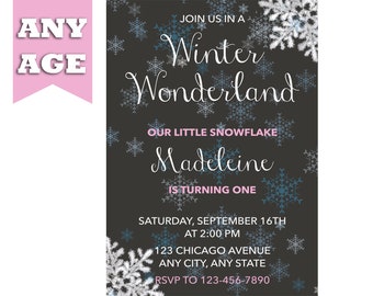 WINTER WONDERLAND Invitation, Little SNOWFLAKE invite, Winter Birthday Invite, Snowflakes, Winter ONEderland, Pink, Girl Birthday, Printable