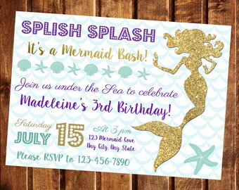 Mermaid Invitation, Mermaid Party Invite, Under the Sea Party Invitation, Teal Purple Gold, Little Mermaid, Birthday Invitation, Pool Party