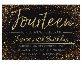 14th Birthday Invitation, Gold Sparkle Invitation, Girl 14th Birthday Invite, Golden Birthday, Any Age, Printable, Girl Birthday Invitation