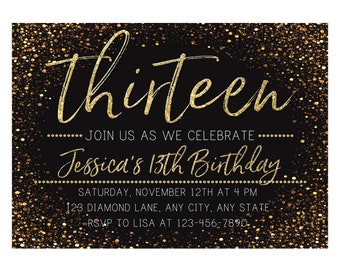 13th Birthday Invitation, Gold Sparkle Invitation, Girl 13th Birthday Invite, Golden Birthday, Any Age, Printable, Girl Birthday Invitation