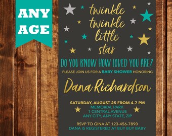 Twinkle Twinkle Little Star Baby Shower Invitation, Digital or Printed, Baby Shower, Twinkle Star Invite, Gold, Twinkle Twinkle Shower