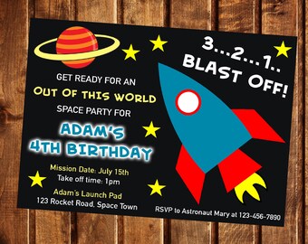 May include: A black and white space-themed birthday party invitation with a rocket ship, stars, and planets. The text reads "3...2...1... BLAST OFF! GET READY FOR AN OUT OF THIS WORLD SPACE PARTY FOR ADAM'S 4TH BIRTHDAY. Mission Date: July 15th. Take off time: 1pm. Adam's Launch Pad. 123 Rocket Road, Space Town. RSVP to Astronaut Mary at 123-456-7890"