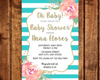 Invitación baby shower, rayas verde azulado, invitación floral para baby shower, rayas azules, invitación al baby shower femenino de género neutro, imprimible
