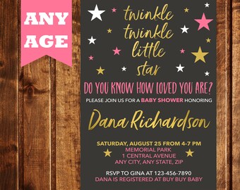 Twinkle Twinkle Little Star Baby Shower Invitation, Digital or Printed, Baby Shower, Twinkle Star Invite, Gold, Twinkle Twinkle Shower