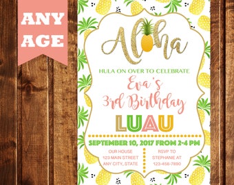 Aloha Invitation, Pineapple Invitation, Luau Invitation, Hawaiian Birthday Invitation, Luau Birthday Invitation, Luau, Aloha, Girl Invite