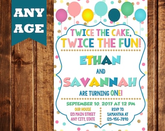 Joint Combined Birthday Party Invitation, Twins Birthday Invitation, Siblings Party, Twice the Fun Invitation, Sibling Birthday Invitation