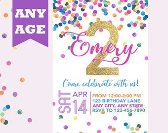 Second Birthday Invitation, Pink Gold Confetti, Girl 2nd Birthday Invite, Confetti Birthday, Any Age, Printable, Girl Birthday Invitation