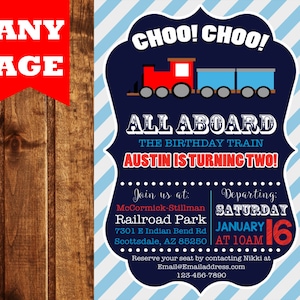 Train Invitation, Train Birthday Invitation, Train Party Invitation, Trains Invite, Boy Birthday Invitation, Choo Choo Invitation, Blue image 1