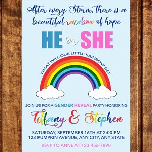 Rainbow Gender Reveal Invitation, He or She what will our rainbow be, Baby Gender Reveal Invitation, Baby Reveal, He or she Gender Reveal
