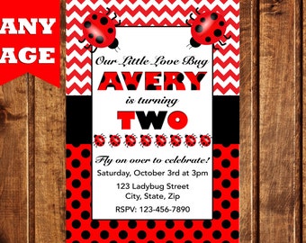 Lady Bug Birthday Invitation, Lady Bug Party Invitation, Girl Birthday Invitation, red and white chevron, black polka dots, Ladybug Birthday