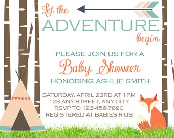 Inbjudan till rävbabyshower, inbjudan till tipibabyshower, babyshower i skogsmark, babyströssel, pilbågar och bågar, inbjudan till babyströssel
