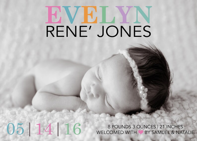 Birth Announcement Photo Birth Announcement Custom Birth Announcements Birth Announcement Cards Birth Announcements, Colorful image 1