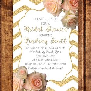 Bridal Shower Invitation Printable, Pink Roses Chevron Bridal Shower Invitation, Printable Bridal Shower Invite, Gold Glitter, Wedding