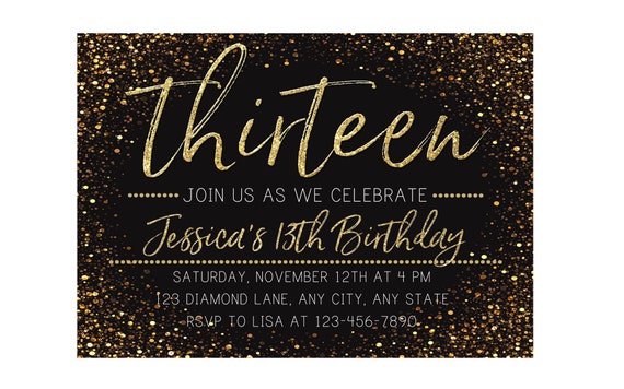 13th Birthday Invitation, Gold Sparkle Invitation, Girl 13th Birthday Invite, Golden Birthday, Any Age, Printable, Girl Birthday Invitation