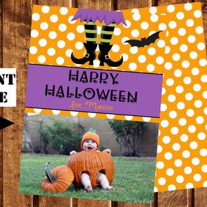 Halloween Fotokaart, Happy Halloween Card, Halloween wenskaart, polka dot, oranje en wit, heks Halloween kaart, bat Halloween kaart