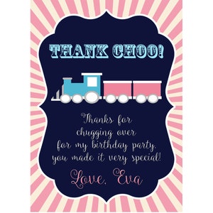 Cartão de agradecimento de trem de menina, cartão de agradecimento de aniversário de trem de menina, nota de agradecimento de trem de menina imprimível, festa de trens de menina, trem rosa, Choo Choo
