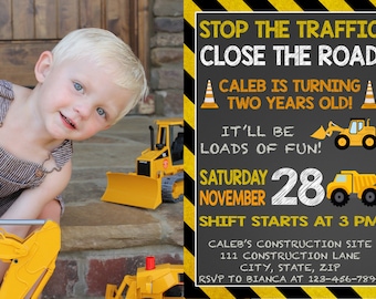 May include: A construction-themed birthday party invitation with a yellow and black striped background. The text reads "Stop the Traffic Close the Road Caleb is turning two years old! It'll be loads of fun! Saturday November 28 Shift starts at 3 PM Caleb's Construction Site 111 Construction Lane City, State, Zip RSVP to Bianca at 123-456-7890".