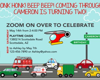 May include: A blue and green birthday invitation with a helicopter, cars, and a sign that says "Cameron's Birthday". The invitation says "Honk Honk! Beep Beep! Coming Through! Cameron is turning two! Zoom on over to celebrate" and includes the date, time, and location of the party.