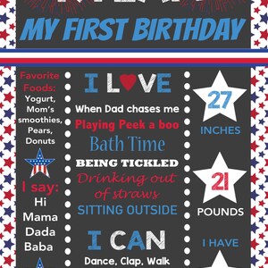 May include: A chalkboard style first birthday sign for a baby named Rylan. The sign features a red, white, and blue color scheme with stars and fireworks. It includes details about the baby's favorite foods, things they love, what they say, what they can do, and their measurements. The sign says "Rylan My First Birthday".