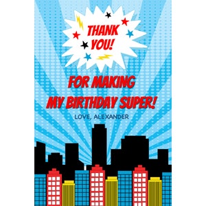 Tarjeta de agradecimiento de superhéroe, cumpleaños de superhéroe, cumpleaños de niño, tarjeta de agradecimiento de cumpleaños, superhéroes, llamando a todos los superhéroes, nota de agradecimiento