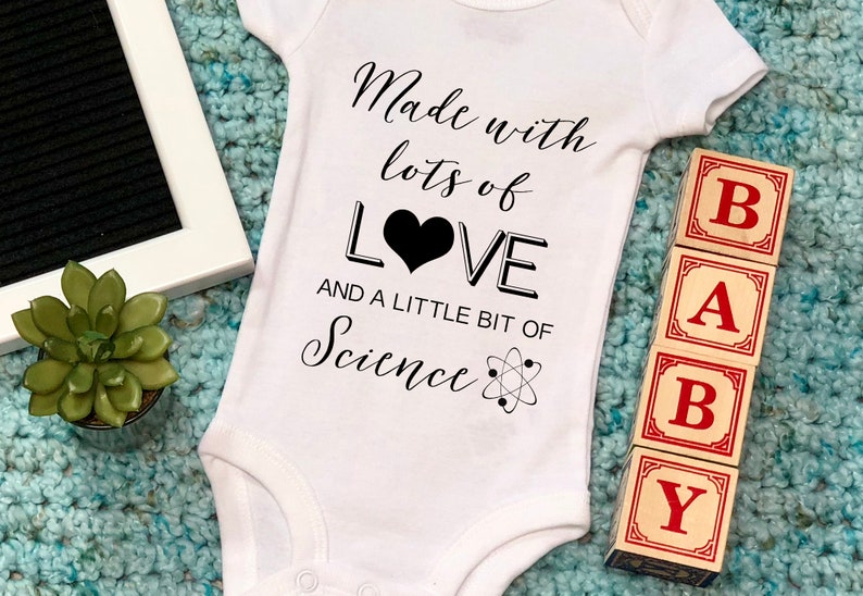 Made with Lots of Love and a Little Bit of Science IVF Baby Bodysuit/ Baby Bodysuit / IVF /Pregnancy Announcement / Gift / Gender Neutral image 1