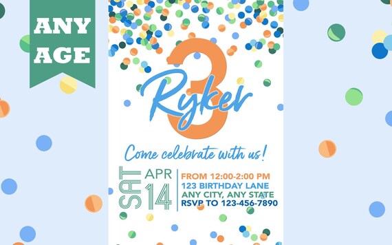 third birthday invitation blue confetti boy 3rd birthday invite confetti birthday any age printable boy birthday invitation printed 3rd bday invitation