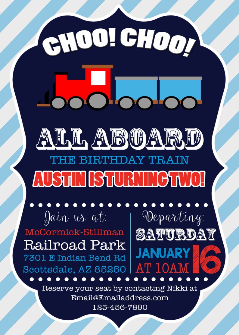 Train Invitation, Train Birthday Invitation, Train Party Invitation, Trains Invite, Boy Birthday Invitation, Choo Choo Invitation, Blue image 2