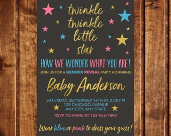 Twinkle Twinkle Little Star Gender Reveal Invitation • Baby Gender Reveal Invitation • Blue, Pink and Gold Star Gender Reveal, Printable