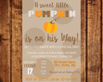 Pumpkin Baby Shower Invitation, Fall, Baby Boy, Autumn, Brown, Orange, White, Printable