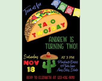 Taco Twosday Party Invite | Second Birthday Invitation | 2nd Birthday Fiesta Invitations | Printed Kids Birthday Party Invites | Boy Invite