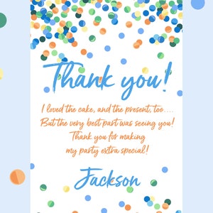 Tarjeta de agradecimiento de confeti, confeti azul, nota de agradecimiento de confeti, cumpleaños de confeti, imprimible, cumpleaños de niño, tarjetas impresas, me encantó el pastel
