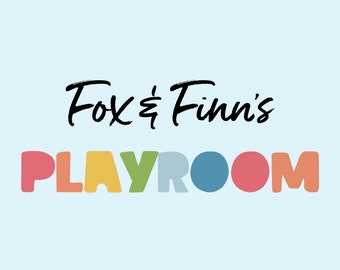 Peut inclure: Logo de Fox & Finn's Playroom avec le mot "PLAYROOM" en lettres rondes et colorées.