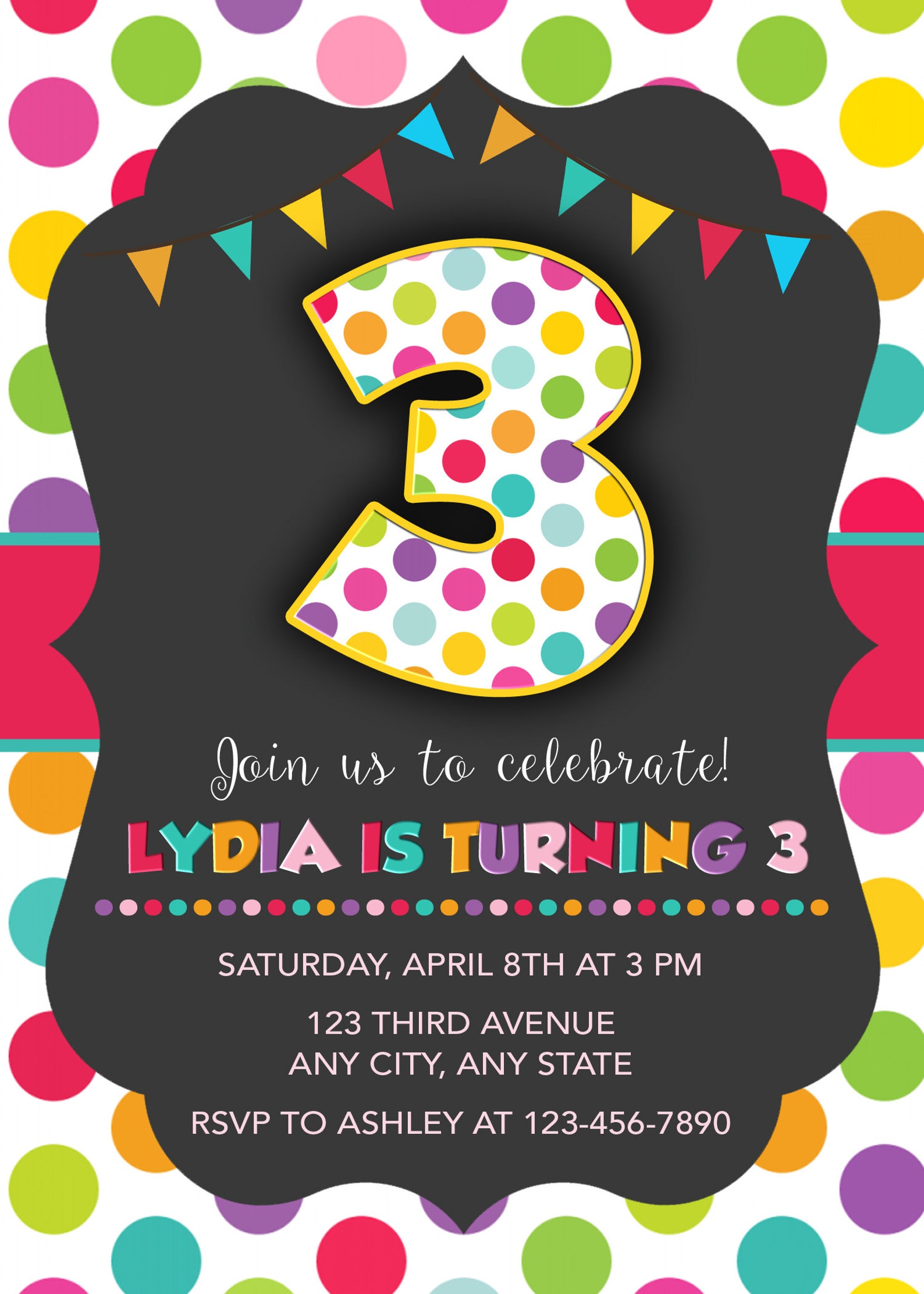 3rd Birthday Invitation Girl Birthday Invitation Printable Etsy