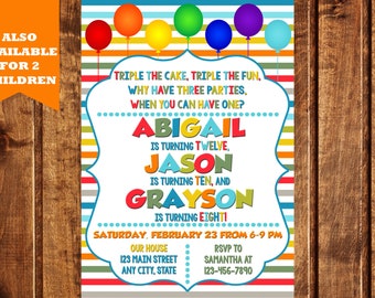Combined Birthday Party Invitation, Triplet Birthday Invitation, Siblings Party, Triple the Fun Invitation, Sibling Birthday Invitation