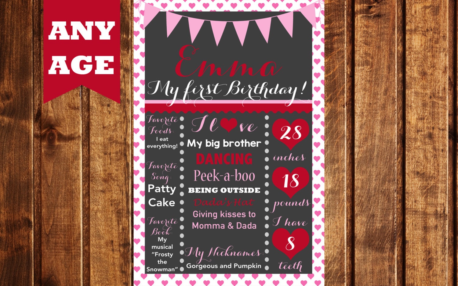 Hearts Chalkboard Sign, First Birthday Chalkboard Poster, Hearts Chalkboard Poster, Birthday Poster, Valentine's Chalkboard, red and pink