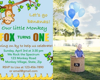 Monkey Birthday Invitation, Monkey Invitations, Jungle Birthday Invitation, Birthday Invitation Printable, First Birthday Invitation