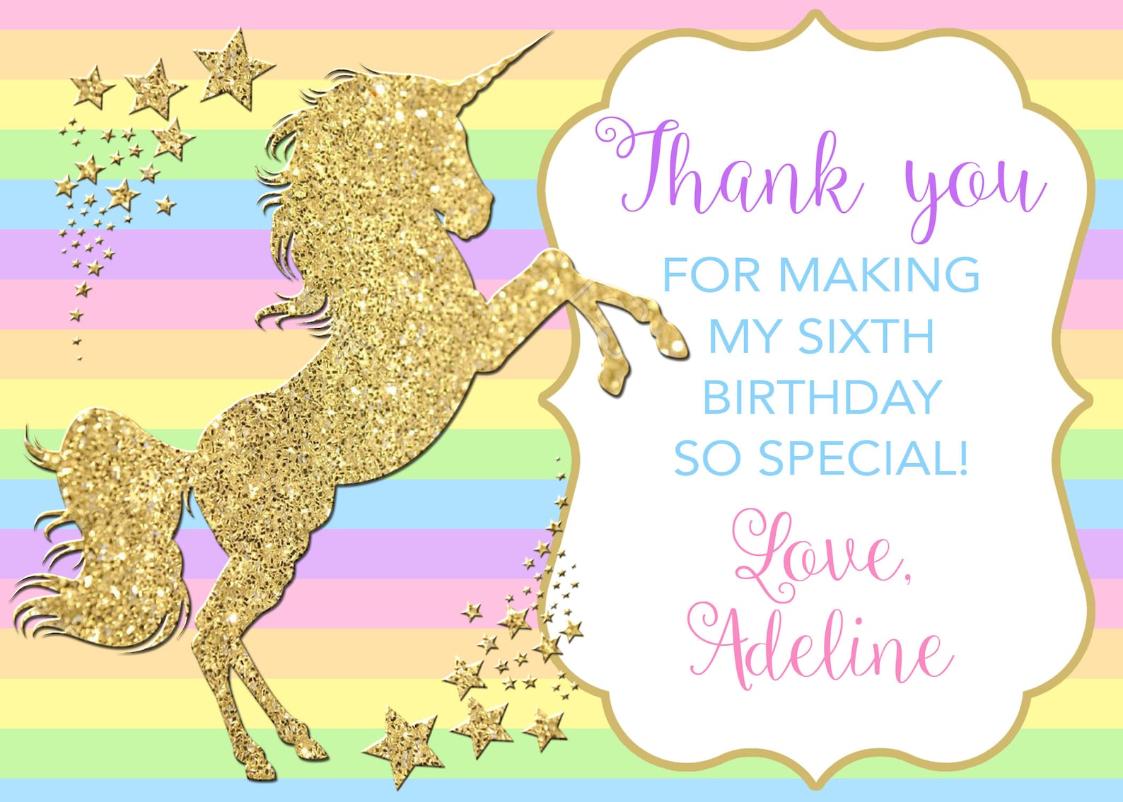 Unicorn Thank You Card Rainbow Unicorn Party Unicorn Etsy