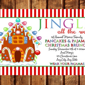 Invito al brunch di Natale, Invito alla casa di pan di zenzero, Biglietto di auguri, Invito per pancake e pigiama, Invito per la colazione di Natale
